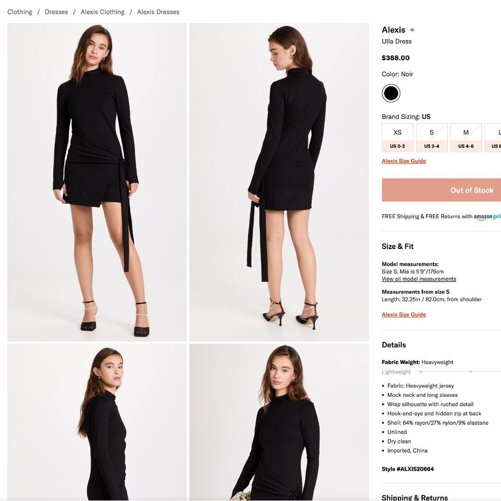 NEW WITH TAGS ALEXIS INTERMIX ULLA BLACK DRESS SMALL S